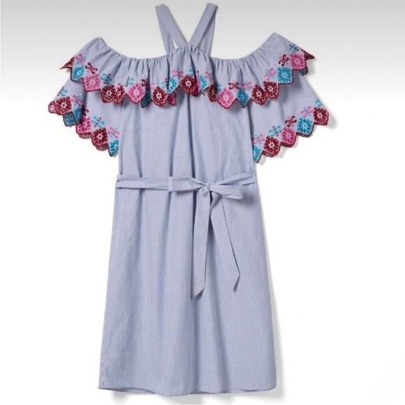 Loft Stripe Ruffle Boho Embroidered Dress Vacation Cruise Resort Wear New - Picture 4 of 16